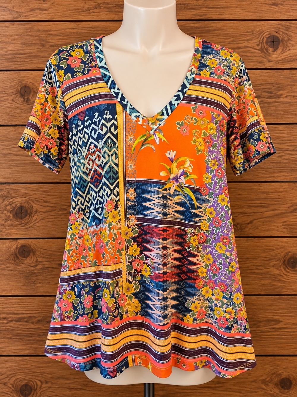 Johnny Was Orange Multi Floral Patchwork V-Neck Tee